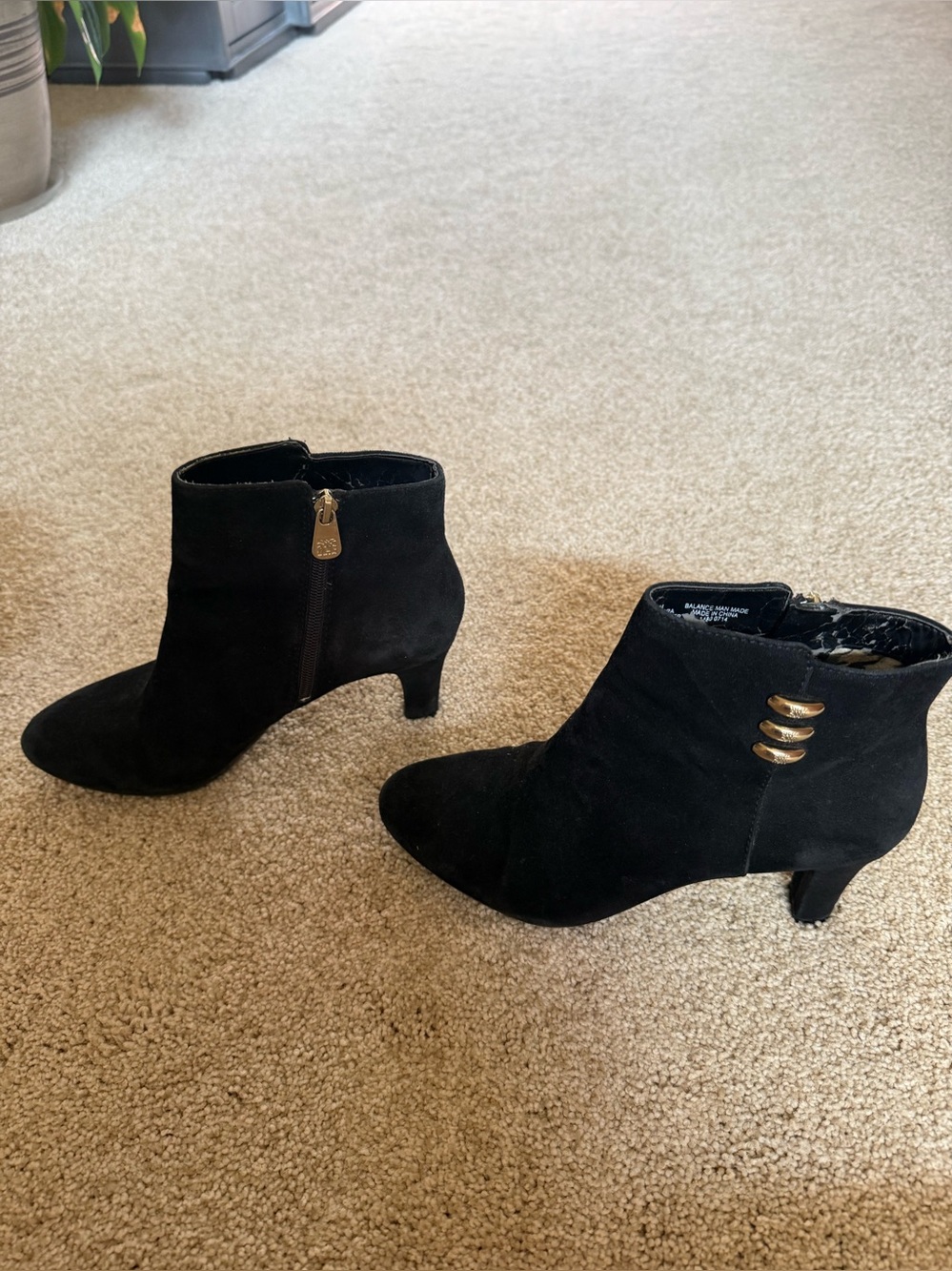 Anne Klein Black Suede Ankle Booties with Gold Accents